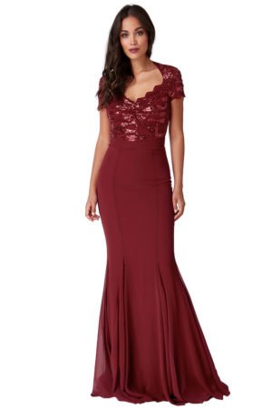 Ilga nėriniuota suknelė su žvyneliais bordo spalvos-01