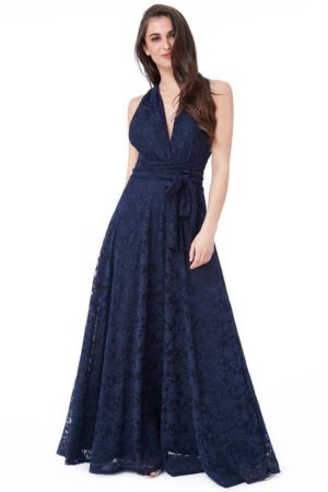 Ilga nėriniuota suknelė tamsiai mėlynos spalvos-01