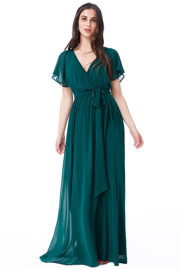 Maksimaliai ilga šifono suknelė žalios spalvos