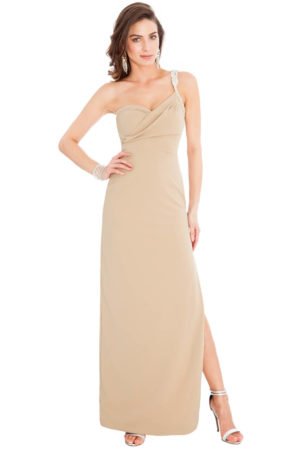 Ilga smėlinė Dakota Johnson stiliaus suknelė